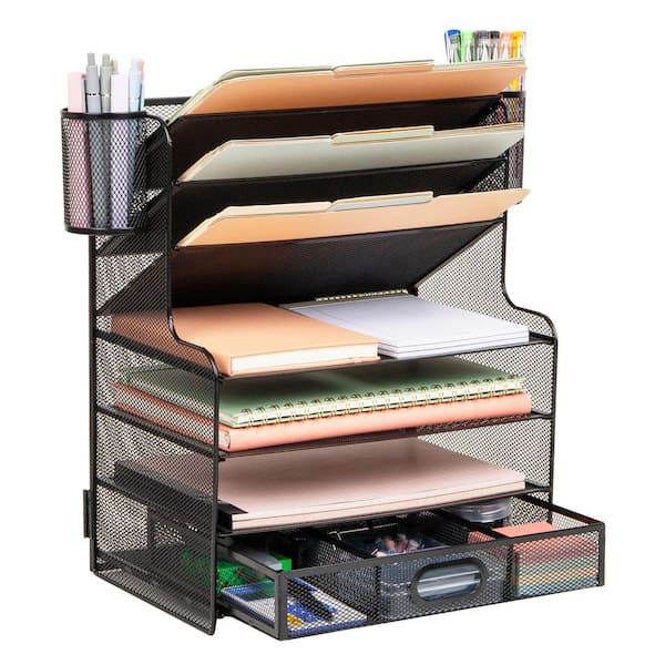 Black 9 in. W x 16 in. H Metal Mesh Desk Organizer, 6 Compartments, 1 Drawer, 2 Pen Cups, Office Desktop Organizer