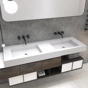 Solid Surface Rectangular Wall-Mounted Double Bathroom Vessel Sink with Chrome Drainer