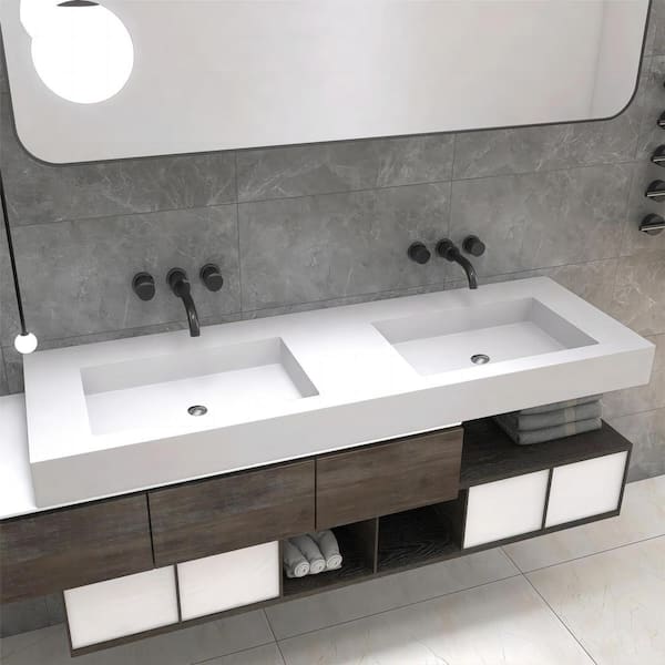 MEDUNJESS Solid Surface Rectangular Wall-Mounted Double Bathroom Vessel Sink with Chrome Drainer