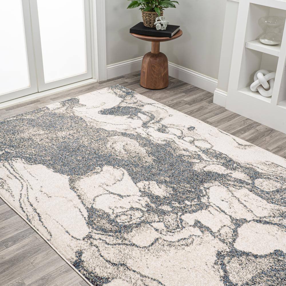 Gray and Cream Abstract Synthetic Rectangular Area Rug