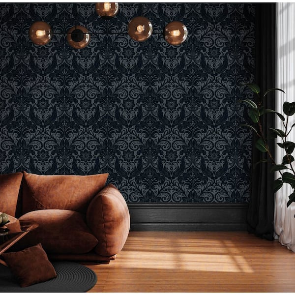Llewelyn-Bowen Off The Wall Navy Damask Sauvage Flocked Finish Non-Pasted Non-Woven Wallpaper Sample