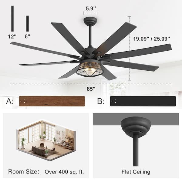 65 in. Traditional Ceiling Fan with 8 Plywood Blades-Remote Included-Downrod Mount for Dining room/Bedroom