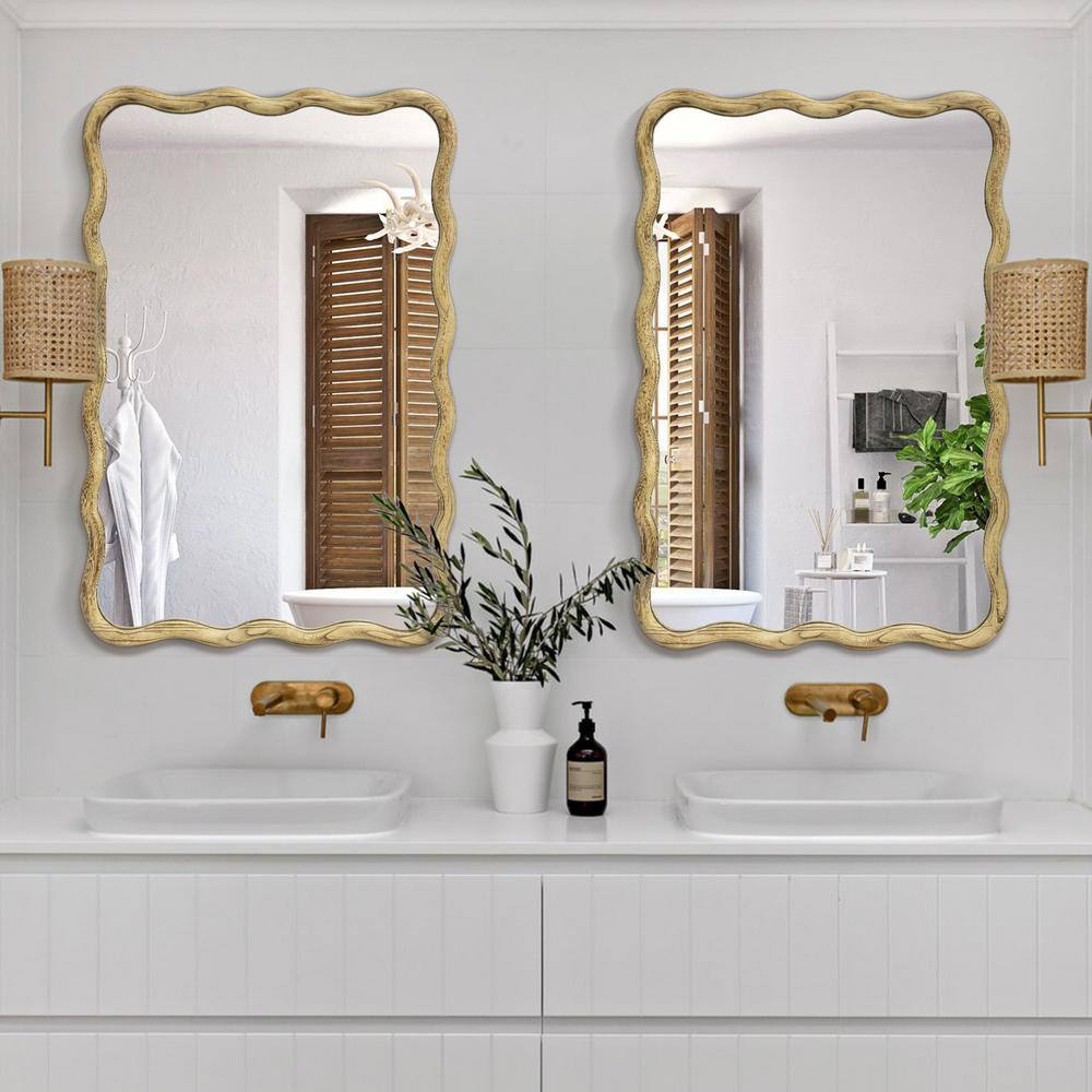 20 in. W x 30 in. H Wavy Natural Wood Framed Wall Mirror Rectangle Vanity Mirror (2-Pieces)