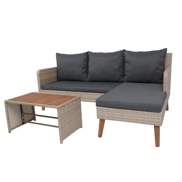 Tenleaf 3-Piece Natural Yellow Wicker Patio Conversation Set with Dark Gray Cushions