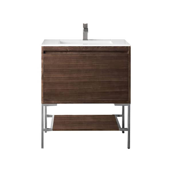 James Martin Vanities Milan 31.5 in. W x 18.1 in. D x 36 in. H Bathroom Vanity in Mid Century Walnut with Glossy White Composite Top