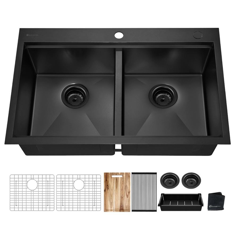 Glacier Bay 33 in. Drop-in Double Bowl 18 Gauge Black Stainless