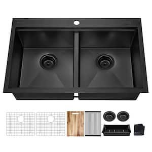 33 in. Drop-in Double Bowl 18 Gauge Black Stainless Steel Workstation Kitchen Sink