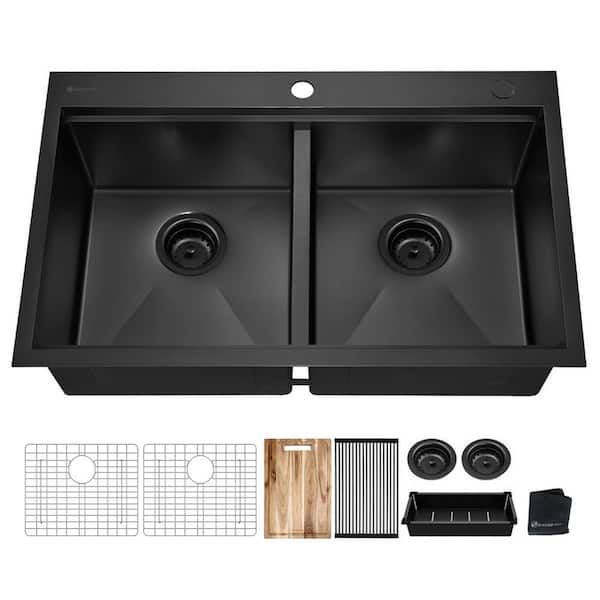 33 in. Drop-in Double Bowl 18 Gauge Black Stainless Steel Workstation Kitchen Sink
