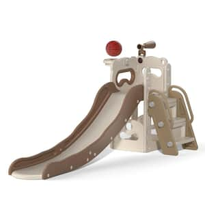 Toddler Slide Climber Playset with Telescope, Storage and Ball, White Plus Brown