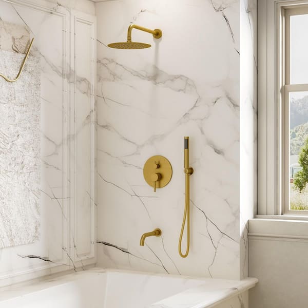 Crozet 3-Spray Wall Mount Tub and Handheld Shower Head Shower Faucet 1.8 GPM in. Brushed Gold (Valve Included)