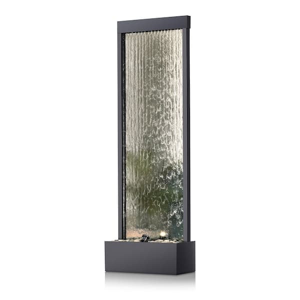 72 in. Tall Indoor/Outdoor Mirror Zen Waterfall Fountain with Stones and Lights, Silver