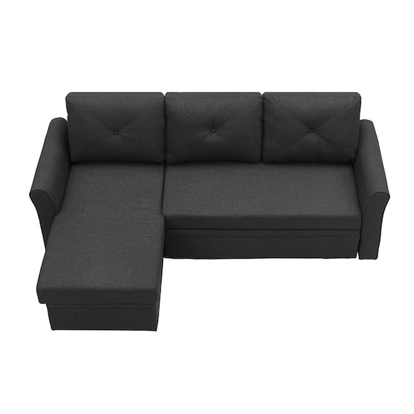 Unbranded 83.46 in. 1-piece Linen Sleeper Sofa Sectional Couch Reversible L-Shape 3 Seat with Storage In Dark Gray