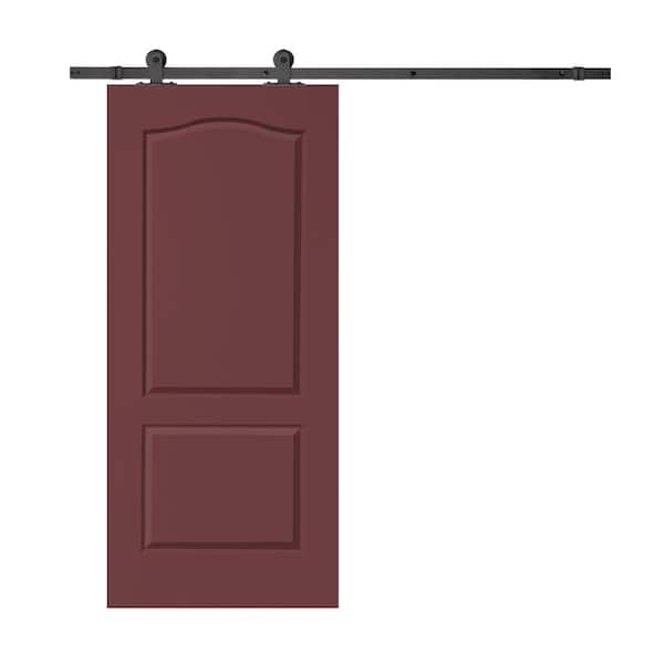 CALHOME 30 in. x 80 in. Maroon Stained Composite MDF 2-Panel Arch Top Interior Sliding Barn Door with Hardware Kit