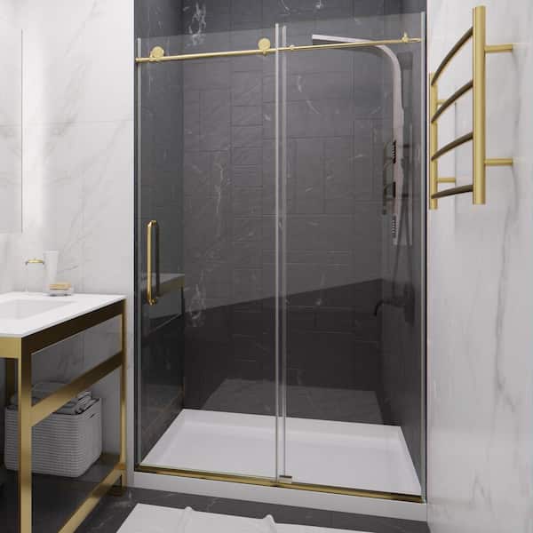 ANZZI Leon Series 48 in. x 76 in. H Sliding Frameless Shower Door in Brushed Gold with Tsunami Guard Tempered Glass