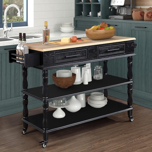 FAMYYT Classic Rolling Black Solid Oak Wood Tabletop 57 in. Kitchen Island with Drawers and Wheels