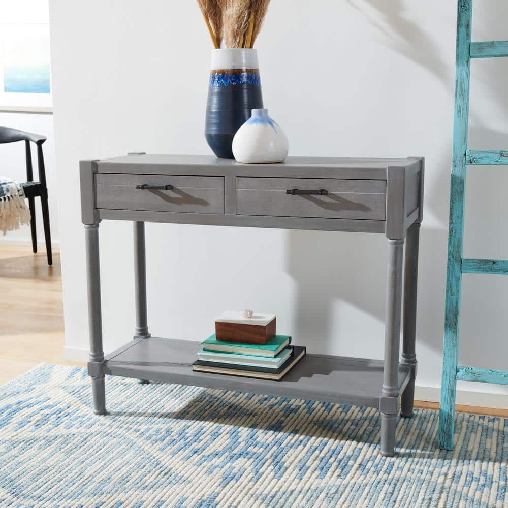 Elegant Whitewashed Grey 40" Metal & Wood Console Table with Storage