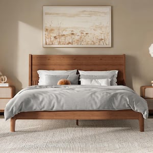 Brown Bamboo Frame Queen Size Platform Bed with Tall Headboard, Support Slats