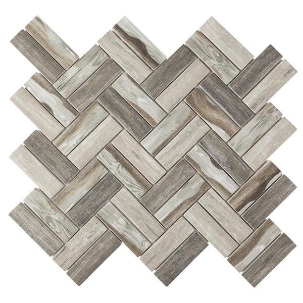 MOLOVO Ecoglassify wooden Beige 11.11 in. x 12.52 Herringbone Matte Glass Mosaic Tile Sample