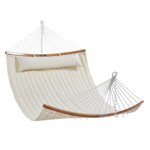 Double Quilted Fabric Hammock 12 FT Double Hammock with Curved Spreader Bars 2-Person Quilted Hammock