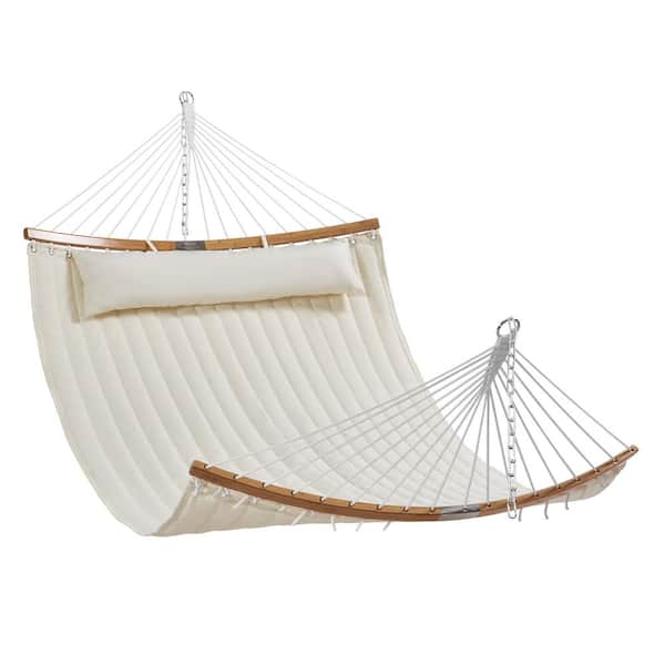 Double Quilted Fabric Hammock 12 FT Double Hammock with Curved Spreader Bars 2-Person Quilted Hammock