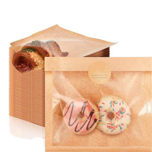 Heat Sealable Cookie Bags with Window, Grease Resistant Kraft Bakery Pastry Bags for Packaging Donut Bread Cookie Goods