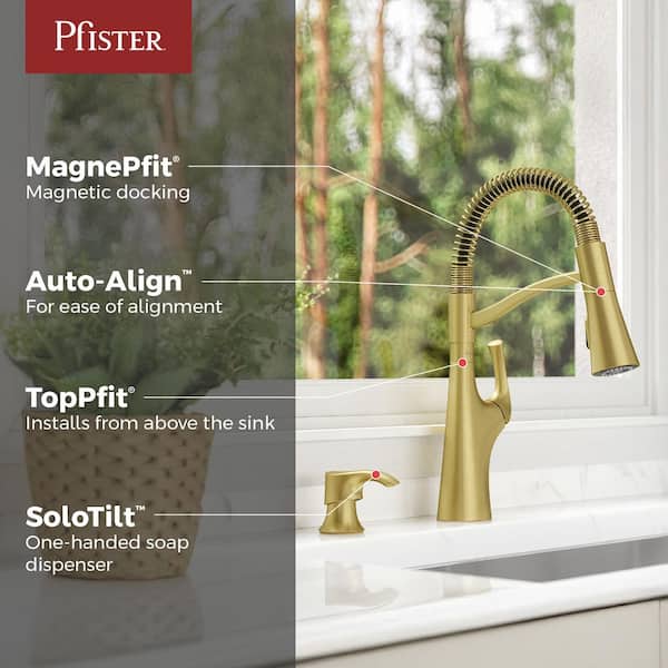 Ladera Culinary 1-Handle Pull Down Sprayer Kitchen Faucet with Deck Plate and Soap Dispenser in Brushed Gold