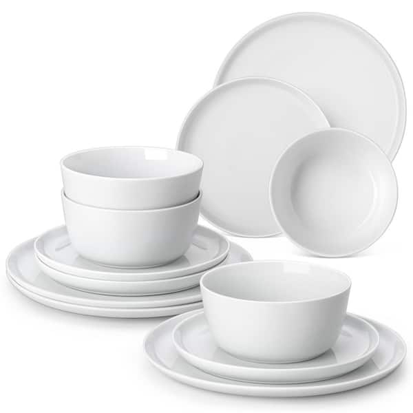 12-Piece White Porcelain Dinnerware Set Service for 4 Dinner Set with Dinner Plate Dessert Plate Cereal Bowl for Kitchen