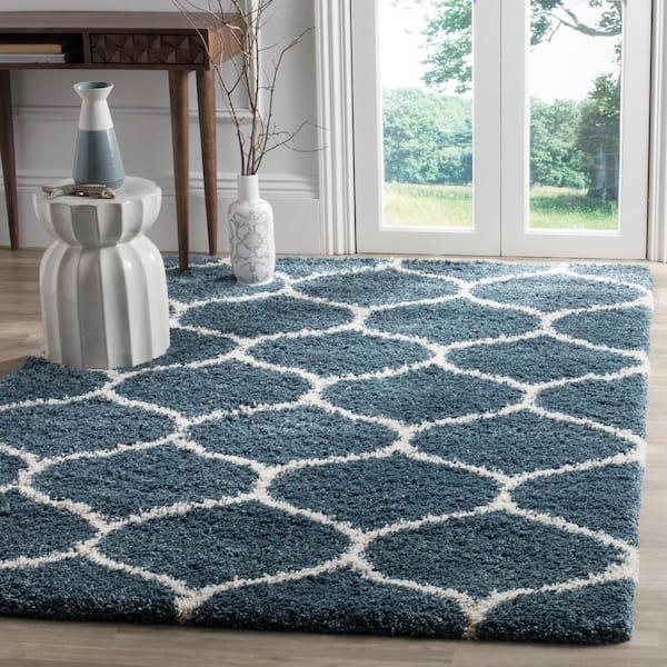 Hudson Shag Slate Blue/Ivory 8 ft. x 10 ft. Geometric Trellis Area Rug