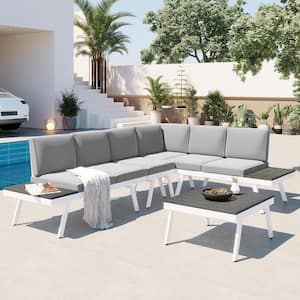 5-Piece Aluminum Outdoor Patio Furniture Set, Modern Garden Sectional Sofa, Coffee Table, End Table, Gray with Cushion