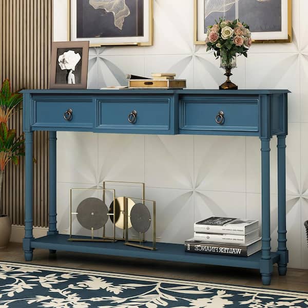 51.57 in. Antique Navy Rectangle Shape Solid Wood Console Table with Projecting Drawers and Long Shelf