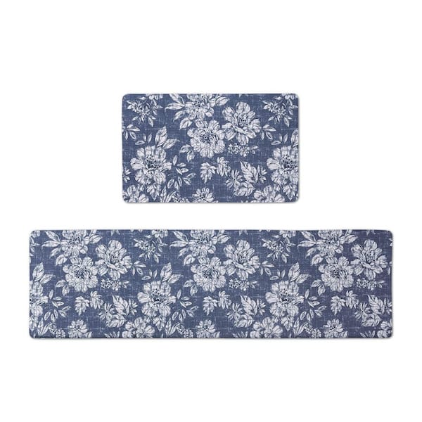 Blue Iris Floral 17.5 in. x 60 in. /17.5 in. x 28 in. Anti-Fatigue Wellness Mat
