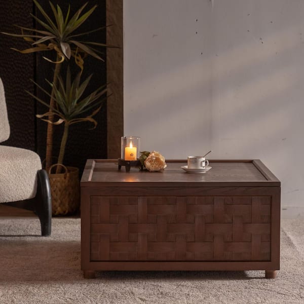 32in. Brown Farmhouse Square Solid Wood Coffee Table, 64in. Retro Rectangle Console Table with Storage for Living Room