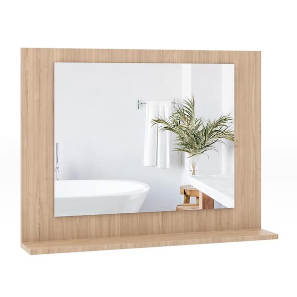 Gymax 23.5 in. W x 17.5 in. H Rectangle Wood Frame Bathroom Mirror w/Shelf in Natural