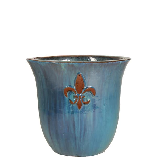 Unbranded 14 in. Turquoise Ceramic Fleur De Lis Planter