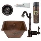Bronze 16 Gauge Copper 15 in. Dual Mount Fleur De Lis Bar Sink with Faucet and Strainer Drain