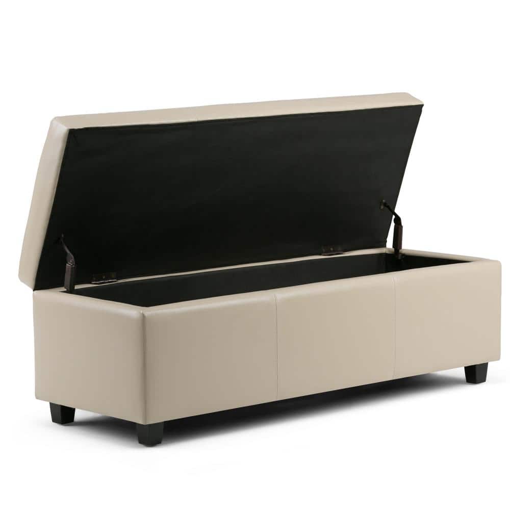 Satin Cream Vegan Faux Leather 48" Rectangular Storage Ottoman