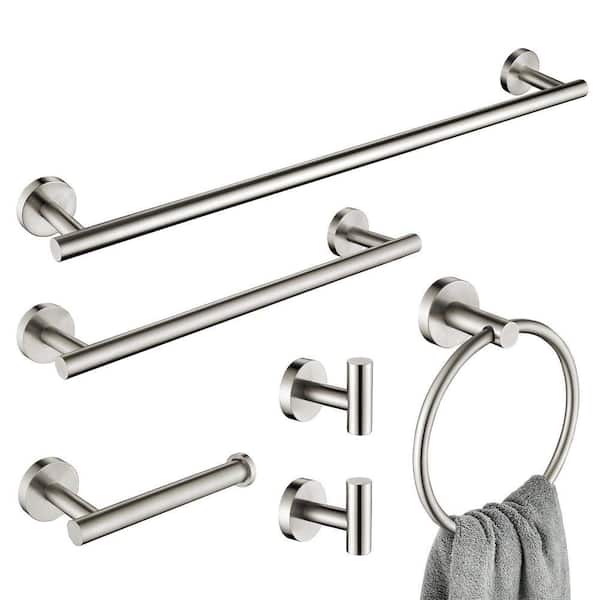 6-Piece Bath Hardware Set with 23.6 in. Towel Rack, Towel Ring, Towel Hook, Toilet Paper Holder in Brushed Nickel