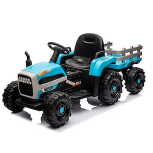 24-Volt Blue Kids Ride on Tractor Electric Car with Trailer, 3-Speed Adjustable, MP3, Bluetooth, LED Light, Safety Belt