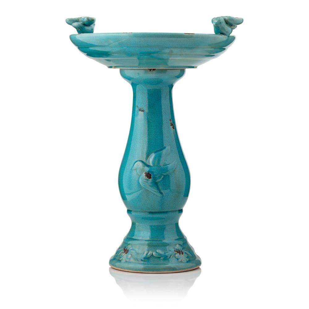 Turquoise Ceramic Pedestal Bird Bath with Bird Figurines