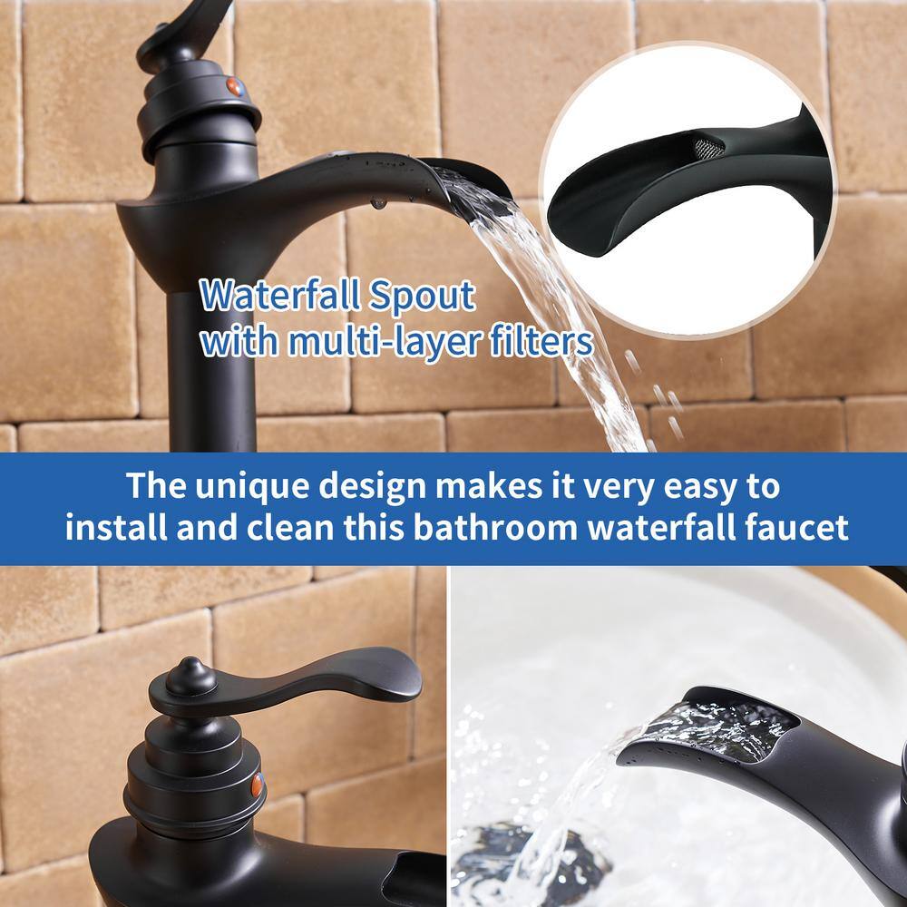 Matte Black Tall Vessel Sink Faucet with Waterfall Spout and Drain Assembly
