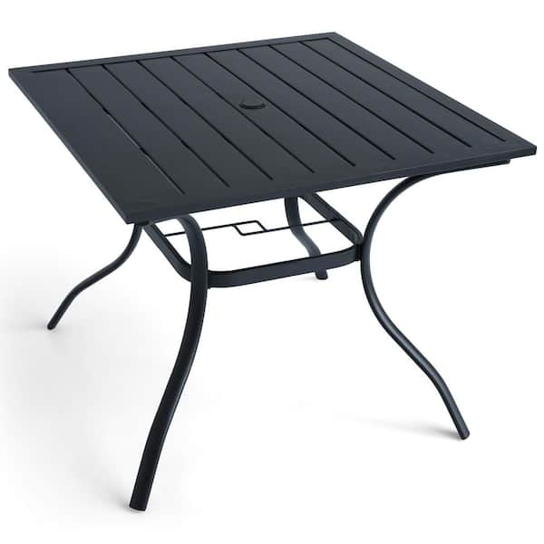 Anmutig Black Square Metal Outdoor Patio Dining Table with Umbrella Hole