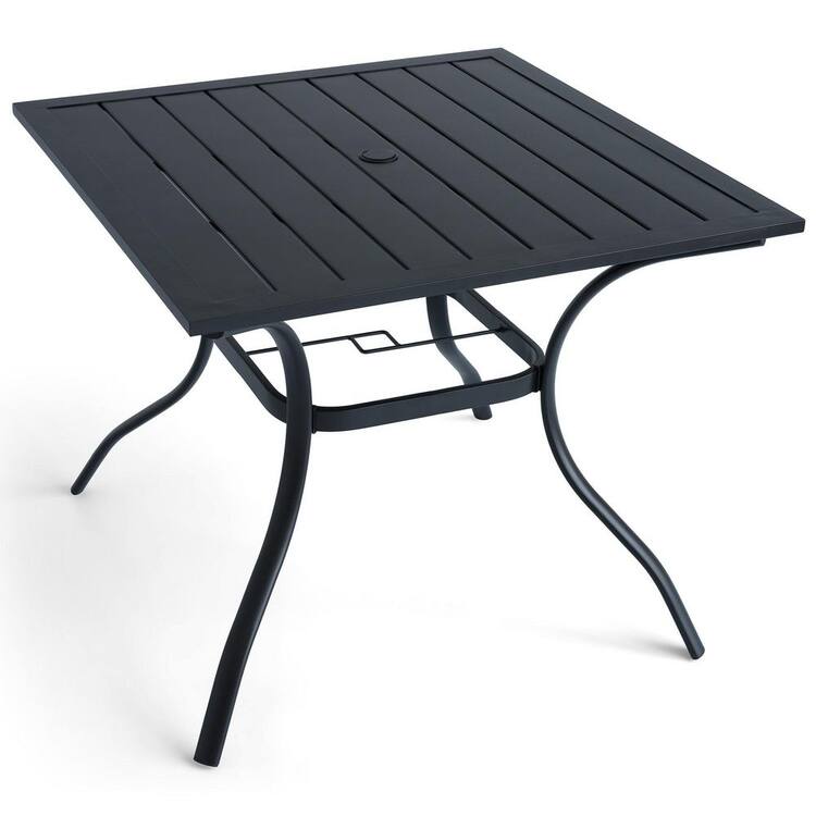 Anmutig Black Square Metal Outdoor Patio Dining Table with Umbrella Hole