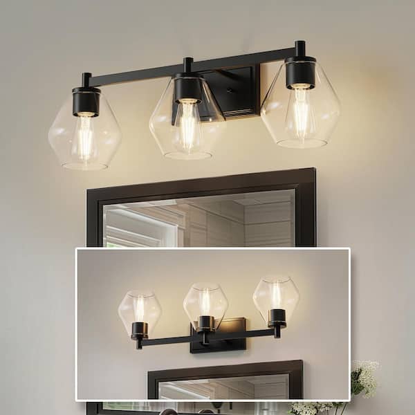 25 in. 3-Light Black Vanity Light with Cone Clear Glass Shades for Bathroom, Mirror, Vanity Area