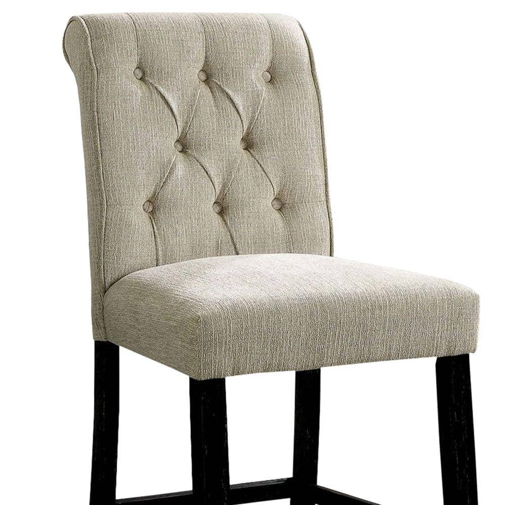 Ivory Cream Chenille and Bold Black Wooden Counter Height Chair, Set of 2