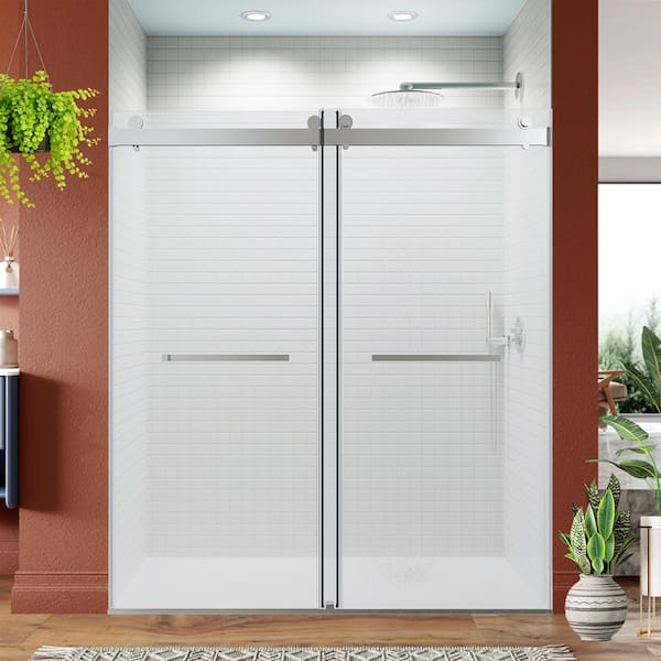 68-72 in. W x 76 in. H Double Sliding Frameless Soft Close Shower Door in Brushed Nickel with 3/8 in. Tempered Glass