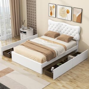 Button-Tufted White Wood Frame Full Size PU Leather Upholstered Platform Bed with Nailhead Trim Headboard and 4-Drawer