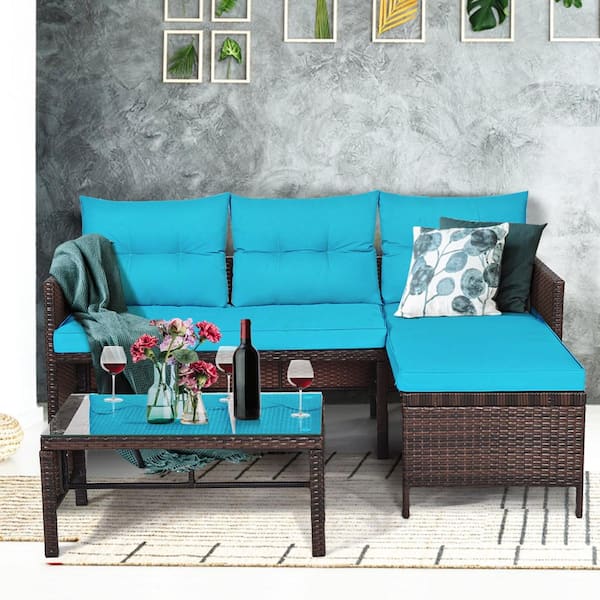 Brown 3-Piece Wicker Outdoor Sectional Set Patio Conversation Set Sofa and Coffee Table with Turquoise Cushions