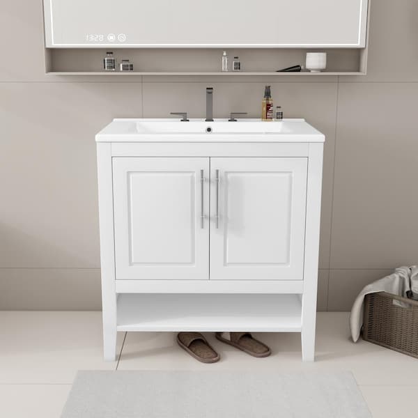 Qualler 30 in. W x 18 in. D x 33 in. H Single Sink Free Stand Bath Vanity in White with Ceramic Top
