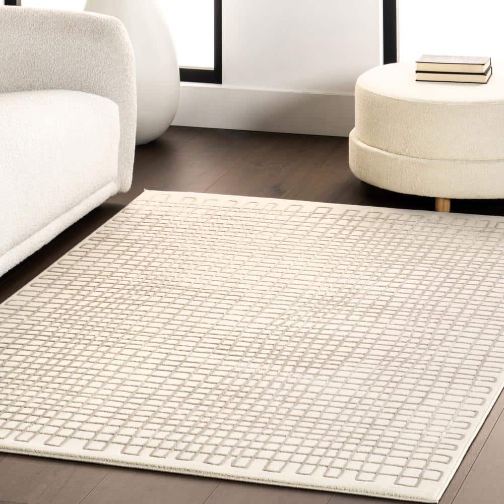 Cream Geometric Machine Washable Synthetic Area Rug 2' x 3'
