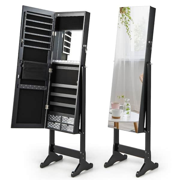 Costway Black Jewelry Cabinet Armoire Full Length Frameless Mirror Lockable with Lights